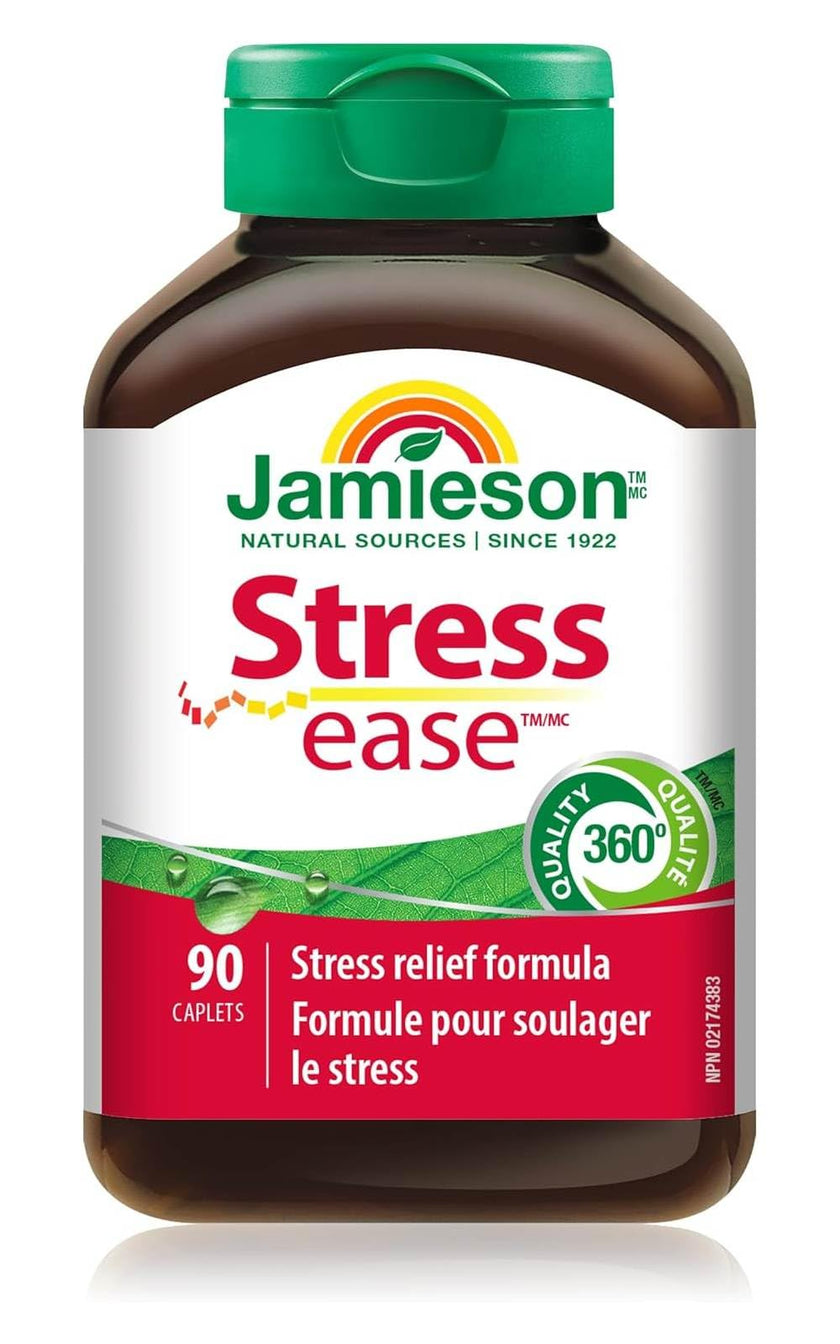 Jamieson Stressease Vitamin B Complex with Vitamin C, Magnesium, Calcium, and Zinc, Packed with 13 Essential Nutrients, Stress Relief Formula, Supports Energy Production, Metabolism, and Immune Support. Vegetarian, Gluten-Free, 90 Caplets, Proudly Canadia