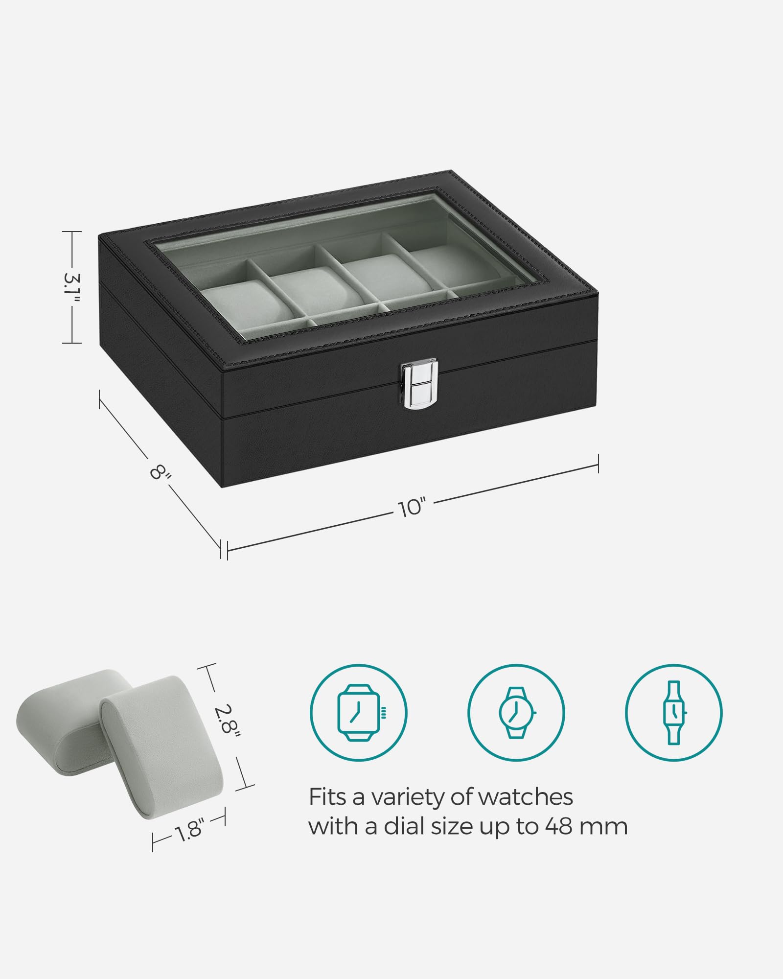 SONGMICS Watch Box, 10-Slot Watch Case Organizer with Large Glass Lid, Removable Pillows, Gift for Loved Ones, Black Synthetic Leather, Gray Lining UJWB010BK 🍁 All In One Marketplace Canada