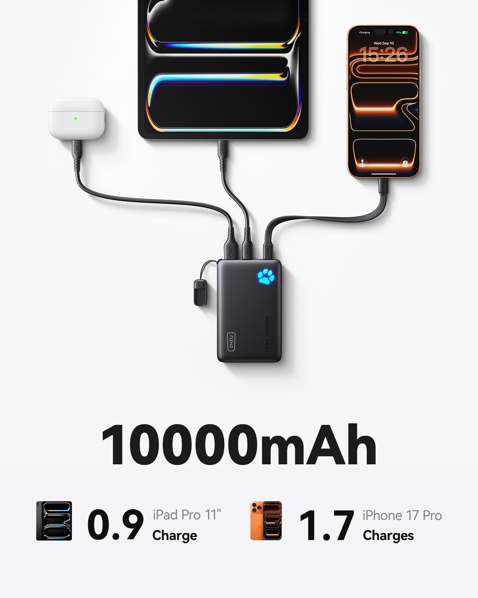 INIU Power Bank, 40% Smaller 10000mAh Portable Charger, 45W Ultra Fast Charging Powerbank with Detachable USB C Cable, Flight-Safe Travel External Battery Pack for iPhone 17 16 Samsung Google iPad etc 🍁 All In One Marketplace Canada