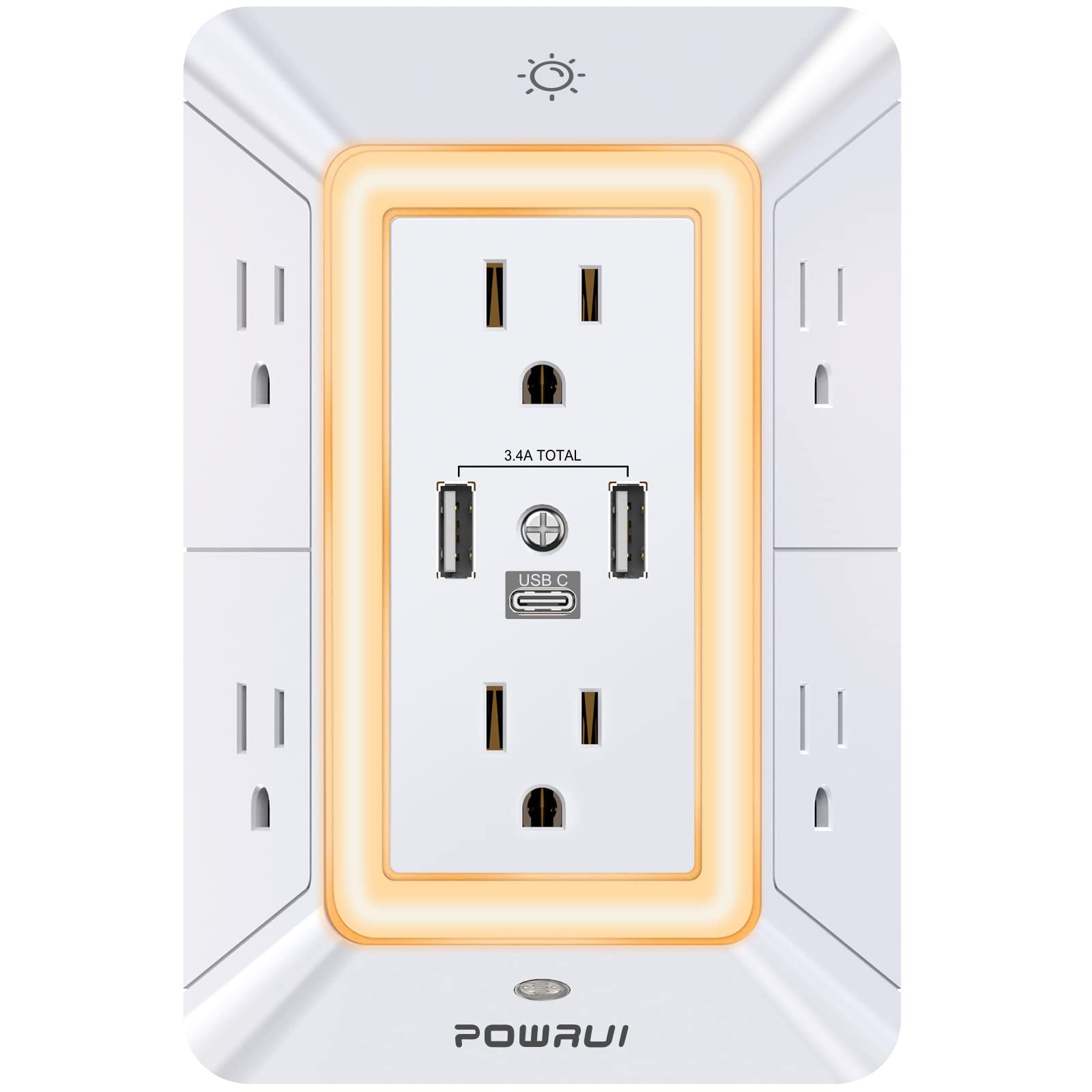 3-Sided Power Bars with Surge Protector, POWRUI 6-Outlet Extender with 3 USB Ports (1 USB C) and Night Light, Multi Plug Outlet and Spaced Outlets Adapter, ETL, White 🍁 All In One Marketplace Canada