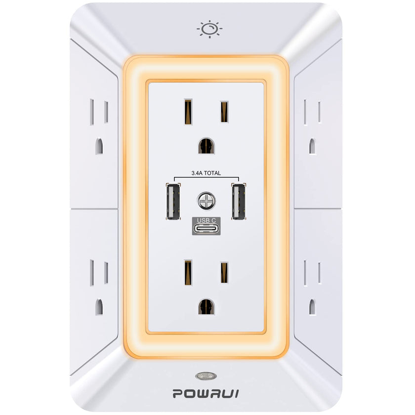 3-Sided Power Bars with Surge Protector, POWRUI 6-Outlet Extender with 3 USB Ports (1 USB C) and Night Light, Multi Plug Outlet and Spaced Outlets Adapter, ETL, White 🍁 All In One Marketplace Canada