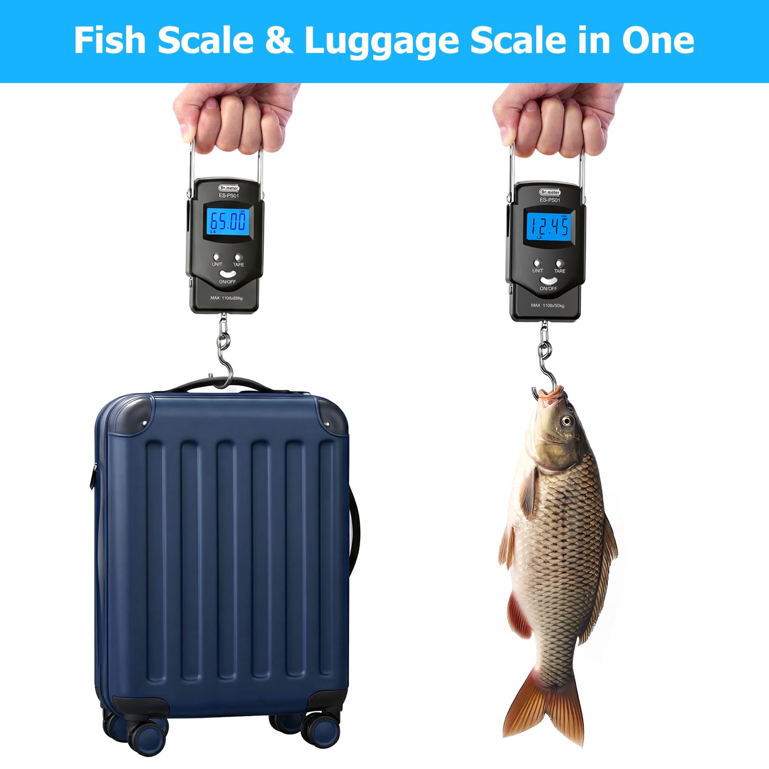 Fish Scale, Dr.meter 110lb/50kg Backlit LCD Display Digital Scale with Built-in Measuring Tape - Electronic Fishing Postal Hanging Hook Scale with 2 AAA Batteries, Pocket Size, Fishing Gifts for Man 🍁 All In One Marketplace Canada