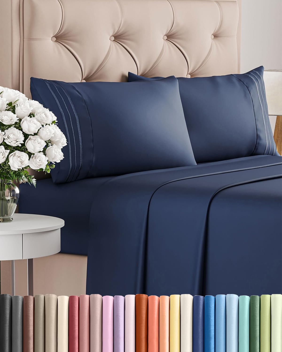 King Size 4 Piece Sheet Set - Comfy Breathable & Cooling Sheets - Hotel Luxury Bed Sheets for Women & Men - Deep Pockets, Easy-Fit, Extra Soft & Wrinkle Free Sheets - Navy Blue Oeko-Tex Bed Sheet Set 🍁 All In One Marketplace Canada