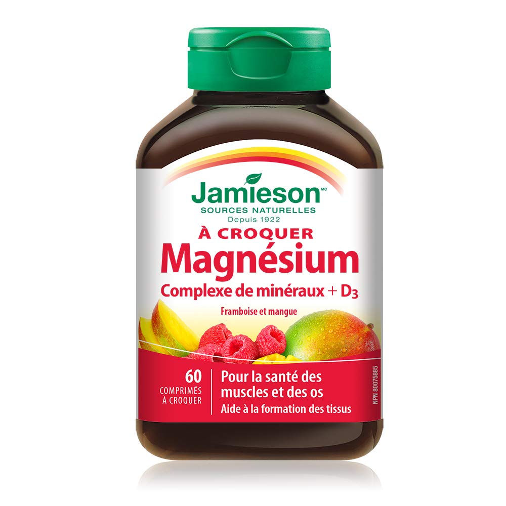 Jamieson Chewable Magnesium Mineral Complex Raspberry Mango Flavour, with 800 IU Vitamin and 140 mg Magnesium, 12 Essential Minerals, Supports Muscle and Bone Health, Gluten-Free, 60 Count 🍁 All In One Marketplace Canada