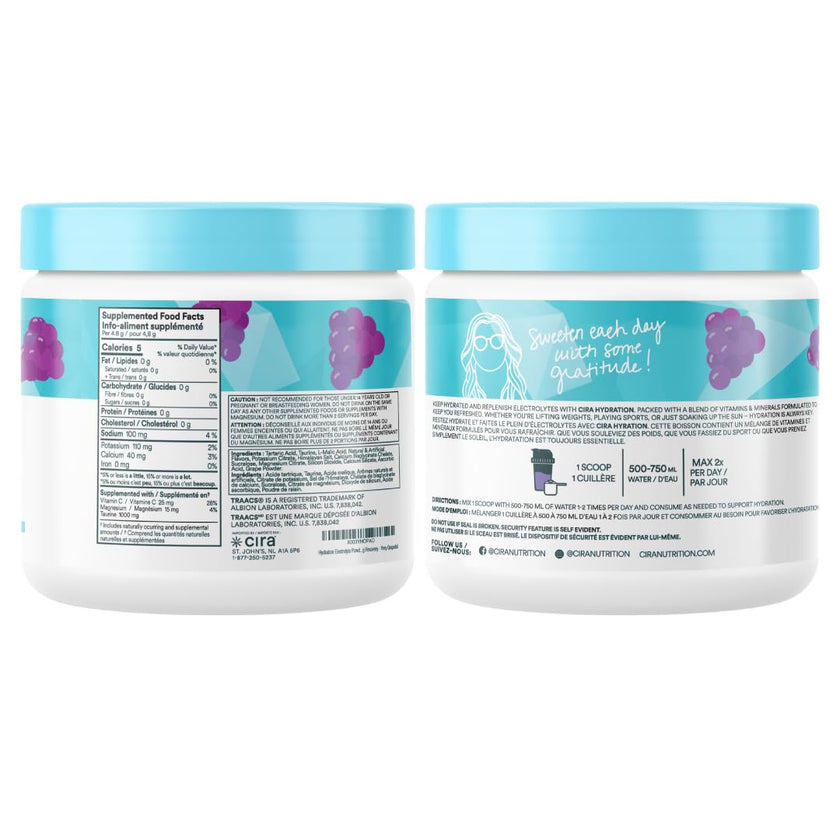 Cira Hydration Electrolytes Powder - Cira x Alicia McCarvell’s Daily Electrolyte Powder, Sugar Free, Himalayan Salt, Magnesium, Potassium for Dehydration Relief & Recovery - Very Grapeful, 45 Servings 🍁 All In One Marketplace Canada