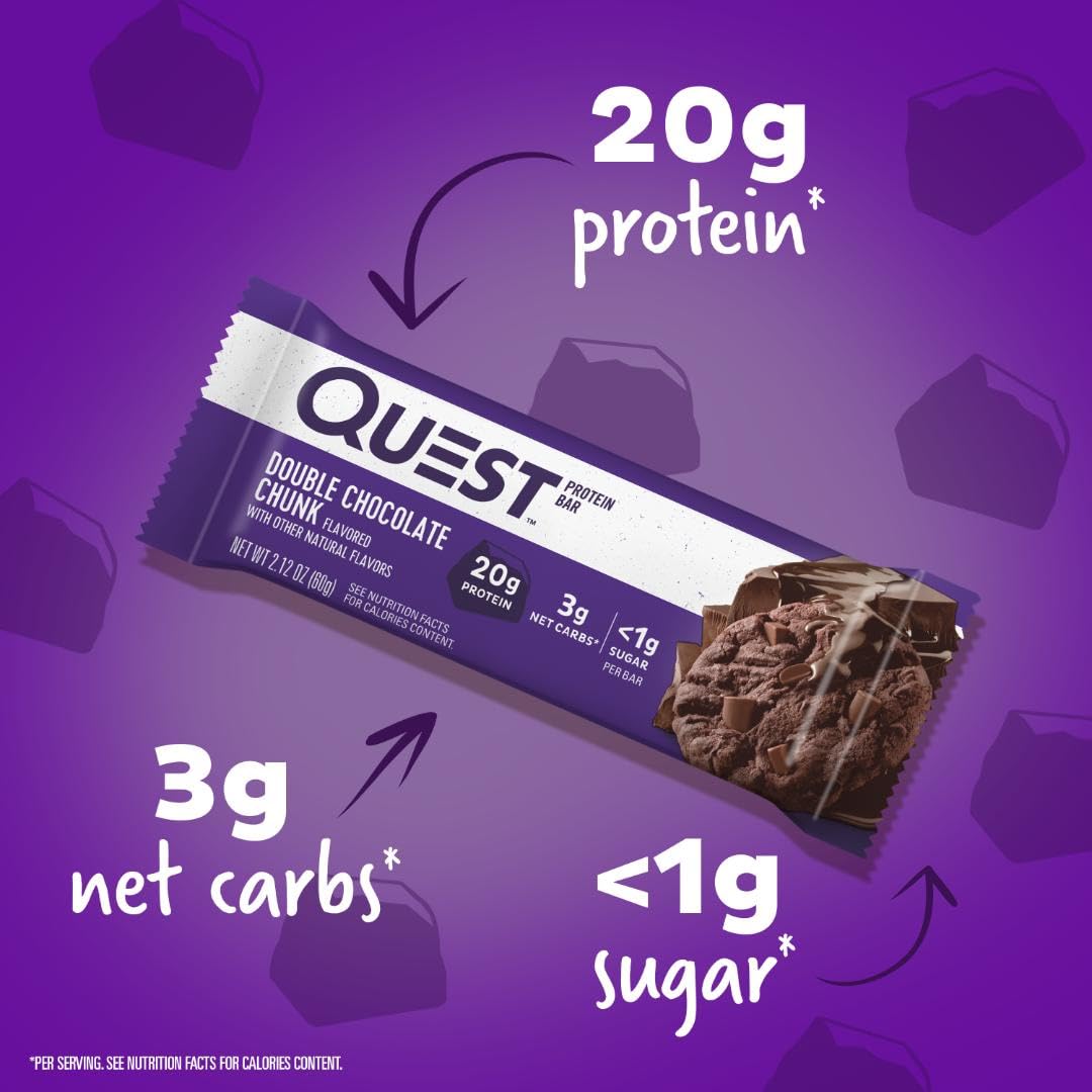 Quest Nutrition Double Chocolate Chunk Protein Bar, High Protein, High Fibre, Low Sugar, Keto Friendly, 20g Protein, 1g Sugar, 12ct 🍁 All In One Marketplace Canada