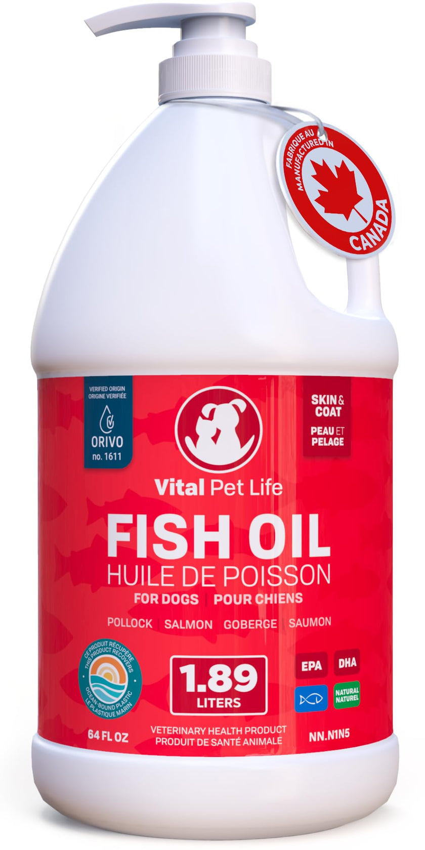 Fish Oil for Dogs 1.89 L - Healthy Skin & Coat, Salmon, Pollock, All Natural Supplement for Pets, Itching Scratching Allergy & Inflammation Defense, Omega 3 EPA DHA, Brain & Heart Health 🍁 All In One Marketplace Canada