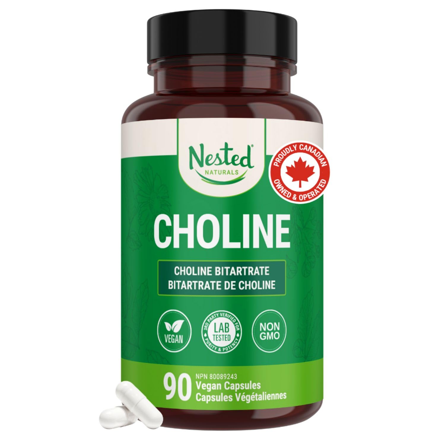 Nested Naturals Choline Bitartrate 500mg Per 2 Capsules | High Potency Choline Supplements | Supports Cognitive & Liver Function | 100% Vegan & Non-GMO Choline | 90 Vegan Capsules 🍁 All In One Marketplace Canada