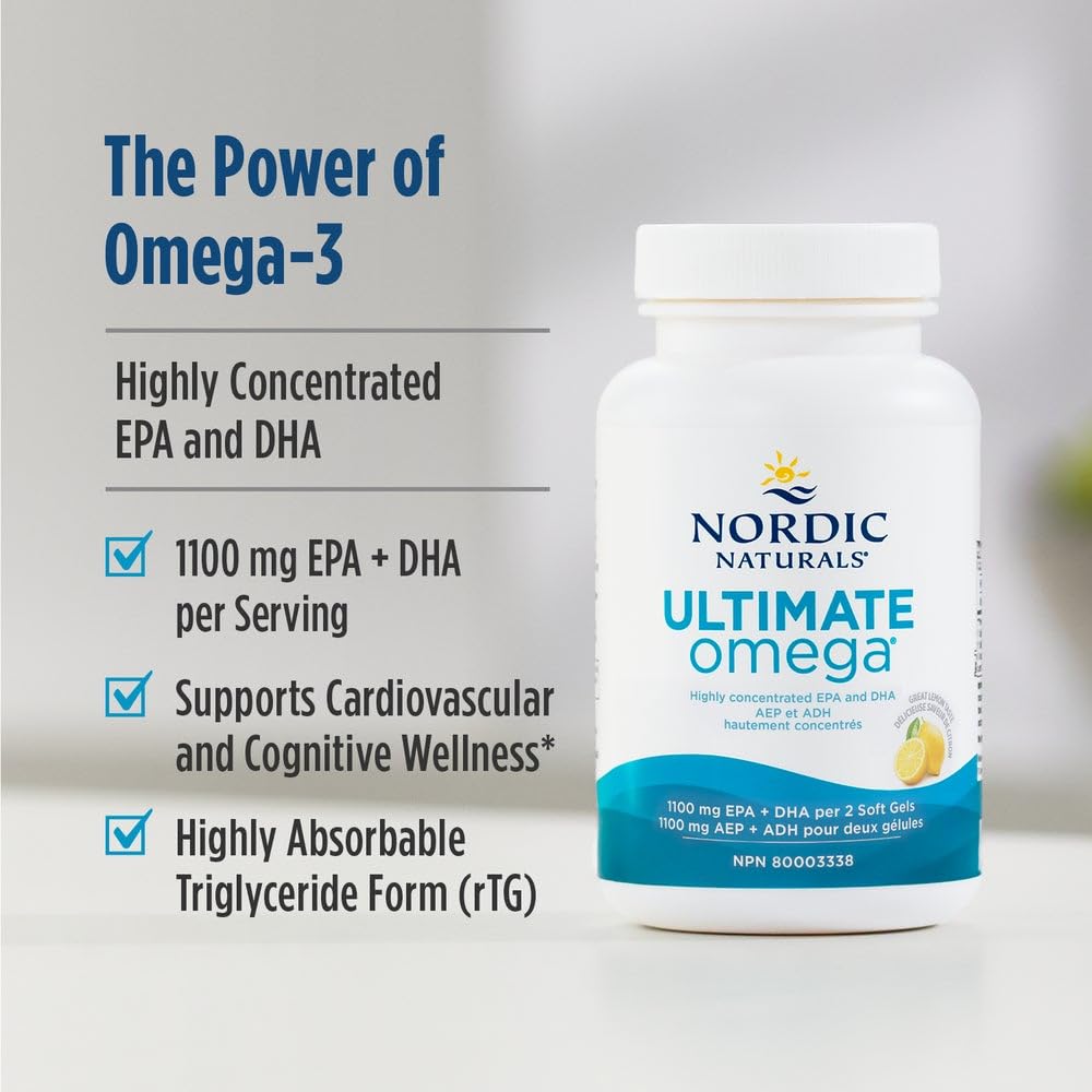 Nordic Naturals Ultimate Omega SoftGels - Omega-3 Supplement, Concentrated Fish Oil With More DHA and EPA, Supports Heart Health, Brain Development and Overall Wellness, Lemon, 120 Count 🍁 All In One Marketplace Canada