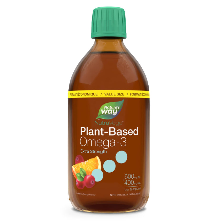 Nature's Way NutraVege Plant-based Omega-3 Supplement, Extra Strength Formula, Vegetarian, EPA + DHA from Algal Oil, Vegan, Cranberry Orange Flavour, 500 mL Liquid, Value Size 🍁 All In One Marketplace Canada