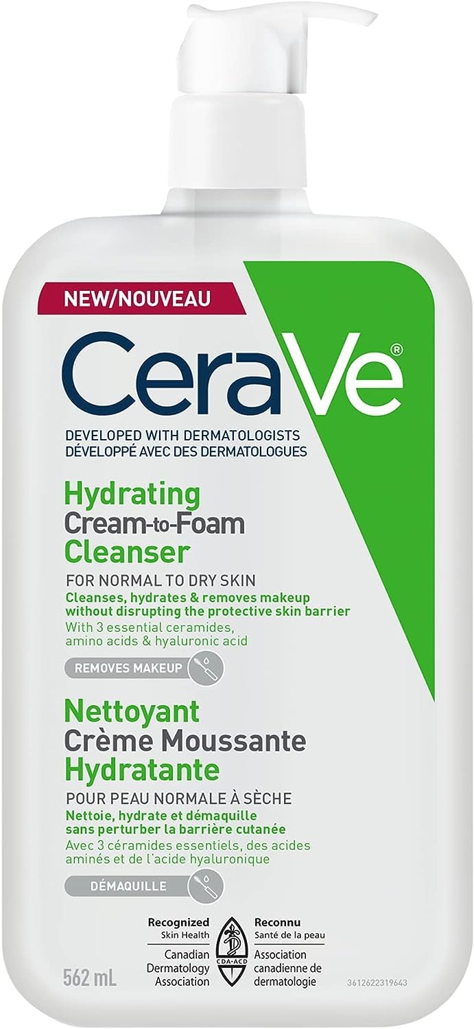 CeraVe Hydrating Cream-to-Foam Face Cleanser, One-Step Face Wash With Hyaluronic Acid & Amino Acid Complex, Gently Cleanses Skin, Non-Comedogenic, Fragrance-Free, Normal to dry skin, 562mL 🍁 All In One Marketplace Canada