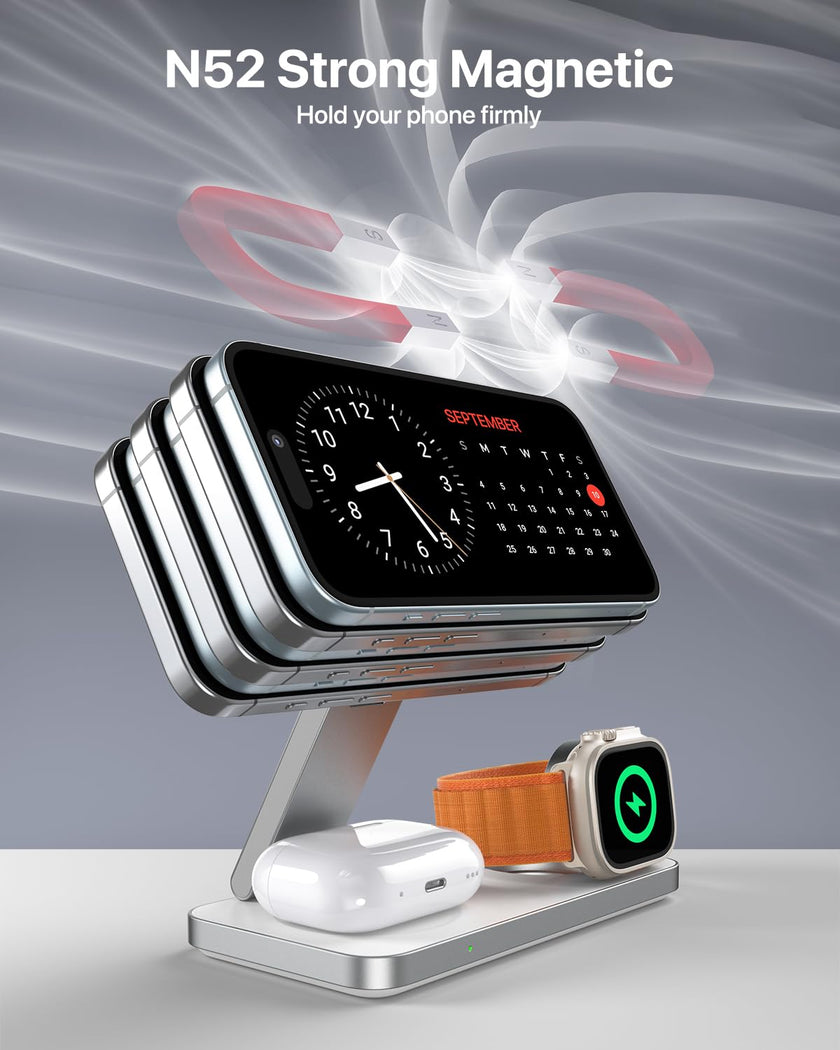EXW Foldable 3 in 1 Wireless Charging Station for iPhone and Apple Watch,Compatible with Magsafe Charger Stand,Travel Bedside Fast Wireless Charger for iPhone 17e 17 Air 16 15 14 13 12 Series, Airpods 🍁 All In One Marketplace Canada