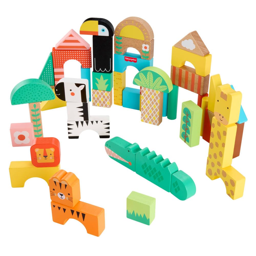 Fisher-Price Wood Toddler Toy Jungle Blocks, 50-Piece Wooden Animal Building Set for Preschool Pretend Play Kids Ages 2+ Years 🍁 All In One Marketplace Canada