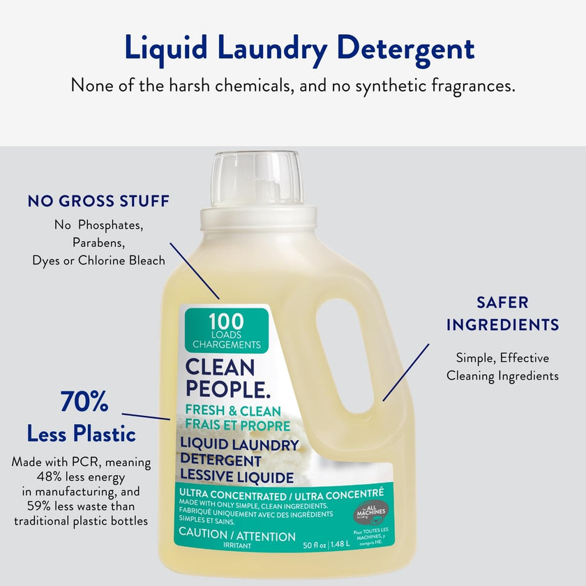 The Clean People Liquid Laundry Detergent - Recyclable Packaging, Stain Fighting - Ultra Concentrated, Laundry Soap (50 Fl Oz, Fresh Scent) 🍁 All In One Marketplace Canada