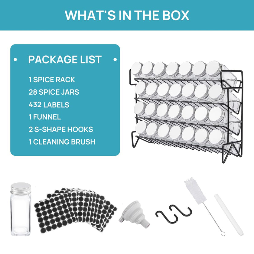 Vtopmart Spice Rack Organizer for Cabinet, 4 Tier Spice Organizer with 28 Empty Spice Jars and 432 Blank Labels, Seasoning Organization for Countertop, Cabinet, Kitchen, Pantry, Cupboard 🍁 All In One Marketplace Canada