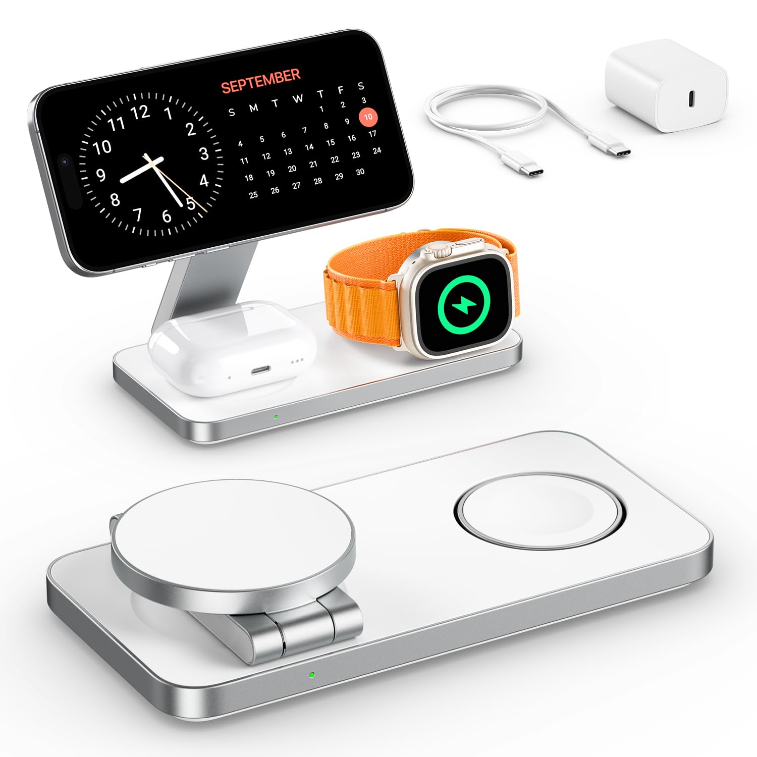 EXW Foldable 3 in 1 Wireless Charging Station for iPhone and Apple Watch,Compatible with Magsafe Charger Stand,Travel Bedside Fast Wireless Charger for iPhone 17e 17 Air 16 15 14 13 12 Series, Airpods 🍁 All In One Marketplace Canada