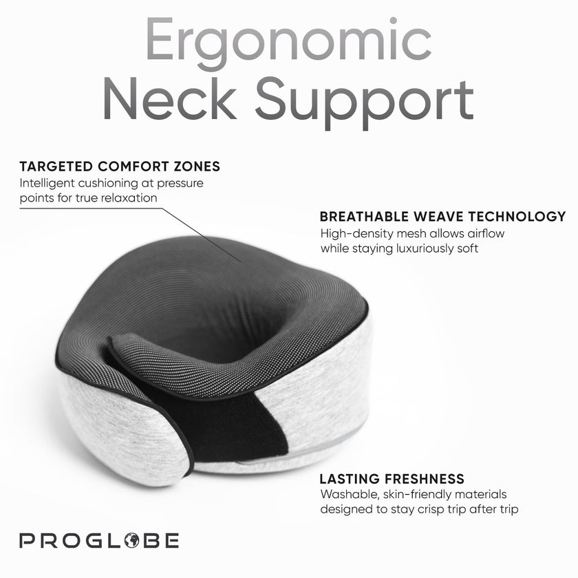 Proglobe Orthopedic Neck Pillow Travel Neck Pillows for Airplanes, Memory Foam Kit, Updated Resting Material, Airplane Travel Set with 3D Contoured Eye Masks, Earplugs, and Luxury Mesh Bag (Grey) 🍁 All In One Marketplace Canada