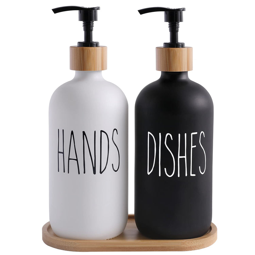 MOMEEMO Glass Soap Dispenser Set, Contains Hand Soap and Dish Soap Dispenser.Suitable for Kitchen Decor. (Black & White) 🍁 All In One Marketplace Canada