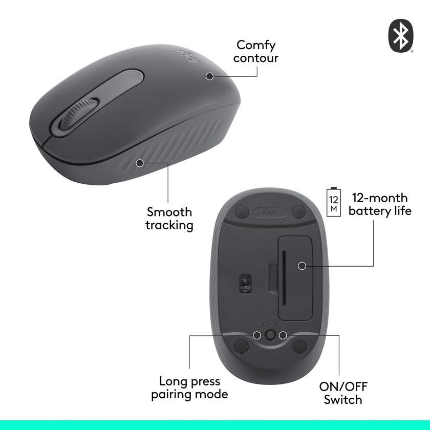 Logitech M196 Bluetooth Wireless Mouse, Compact and Portable Mouse for Laptops, Tablets and More, 12-Month Battery, Smooth Tracking, Compatible with PC and Mac, Windows and macOS - Graphite 🍁 All In One Marketplace Canada
