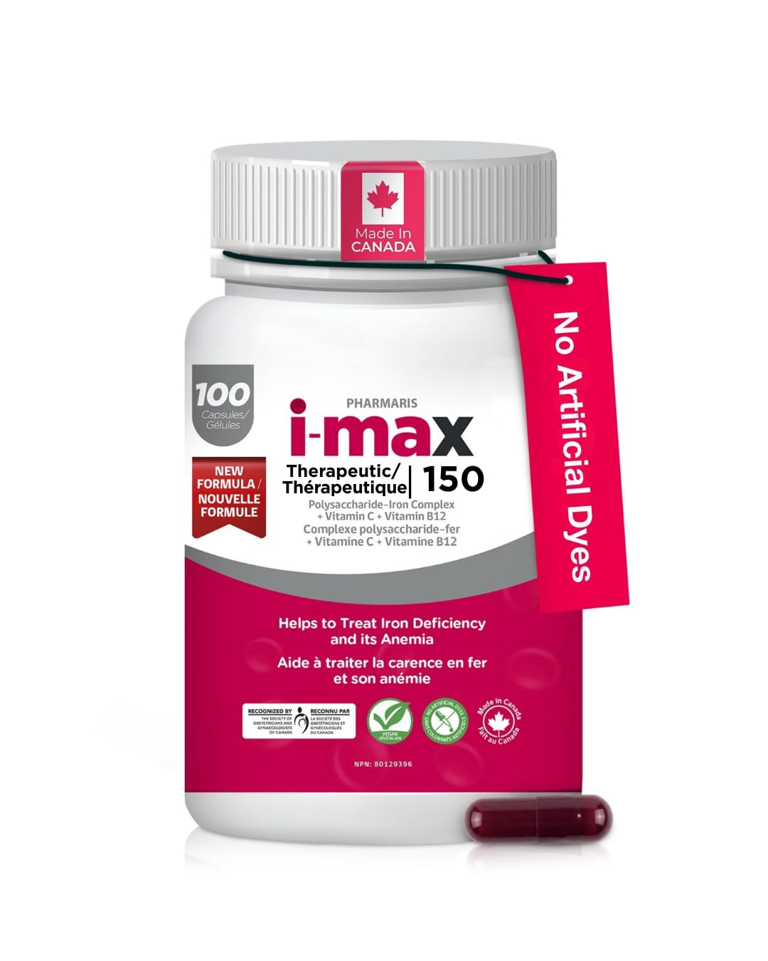 Pharmaris i-max Polysaccharide Iron Complex, 150 mg Elemental Iron Supplement for Treatment and Prevention of Iron Deficiency Anemia, 250 mg Vitamin C, 1000 mcg Vitamin B12, No Artificial Dyes, Vegan, 100 Capsules 🍁 All In One Marketplace Canada