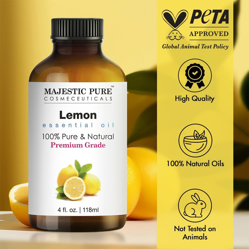 Majestic Pure Lemon Essential Oil - Huge 118 ml - 100% Pure and Natural Oil for Soap Making Scent- Premium Grade with Glass Dropper 🍁 All In One Marketplace Canada