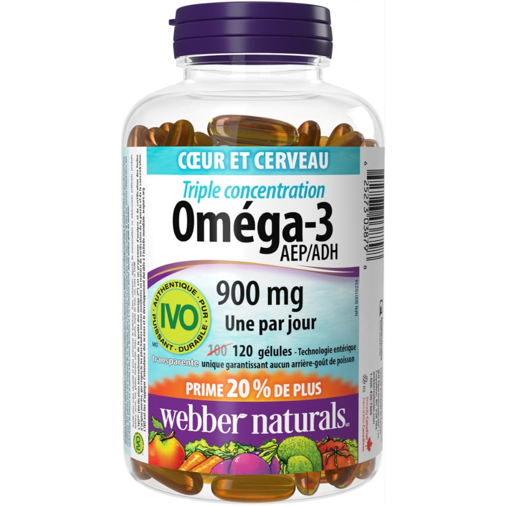 Webber Naturals Omega-3 900 mg Triple Strength, 120 Clear Enteric No Fishy Aftertaste Softgels, Supports Cardiovascular Health and Brain Function 🍁 All In One Marketplace Canada