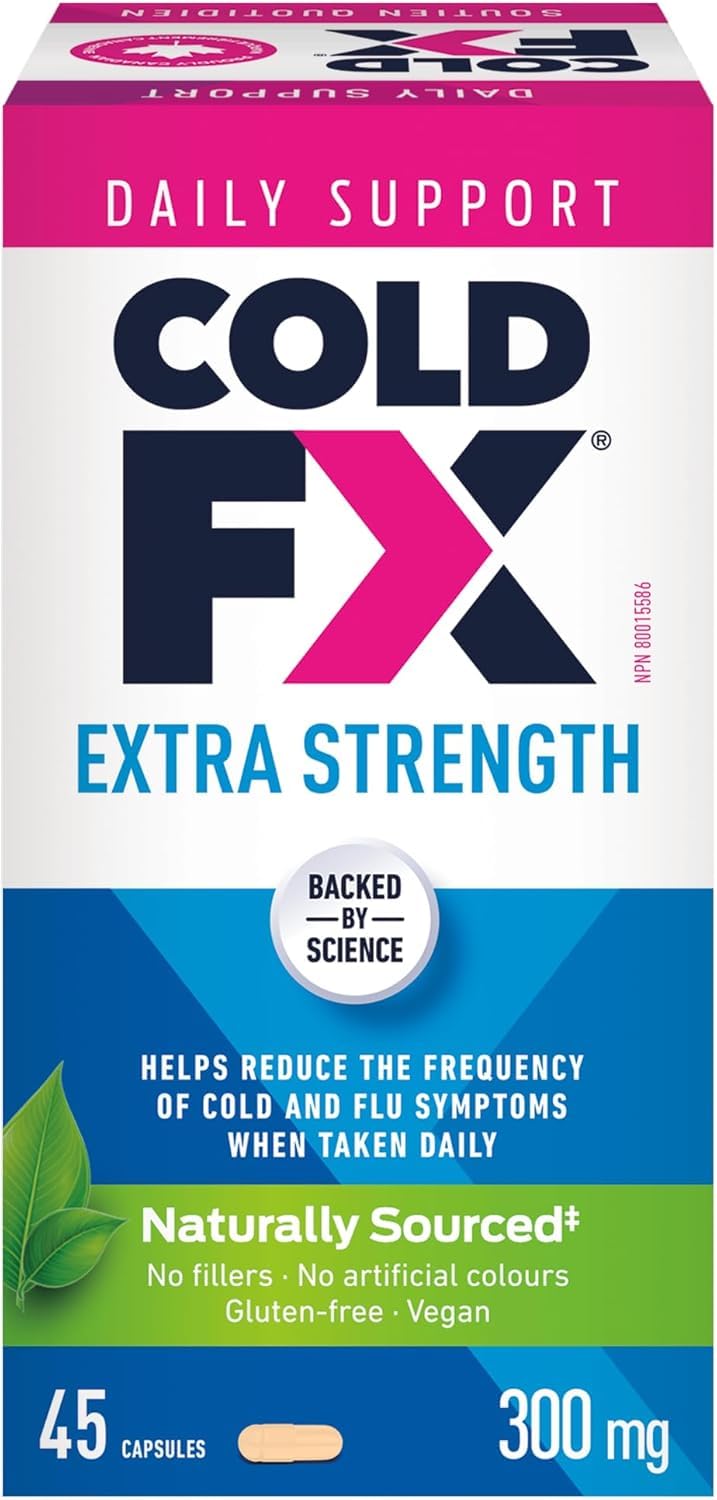 COLD-FX Extra Strength, Helps reduce the frequency of Cold and Flu Symptoms when taken daily, Formula contains uniquely derived extract from North American Ginseng, 50% more active ingredient compared to COLD-FX Daily Support Regular Strength, 45 Vegan Ca