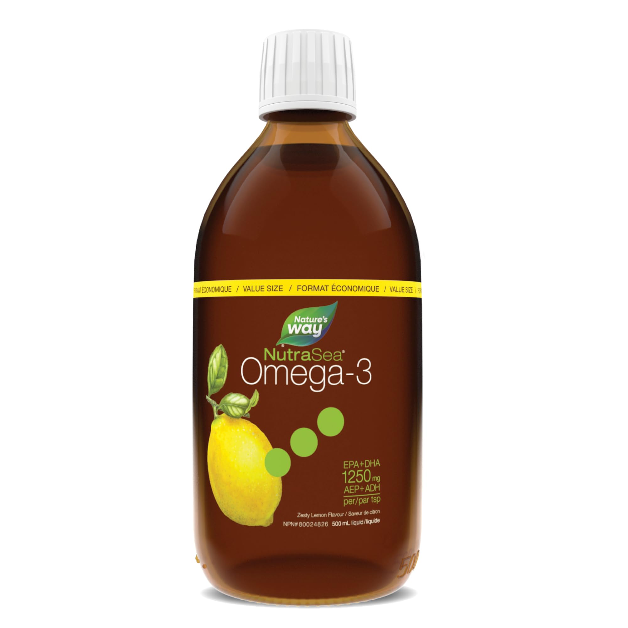 Nature's Way NutraSea Omega 3 Fish Oil Liquid Supplement – Zesty Lemon Flavour, Non-GMO – Heart & Brain Support – EPA & DHA, 500 mL 🍁 All In One Marketplace Canada