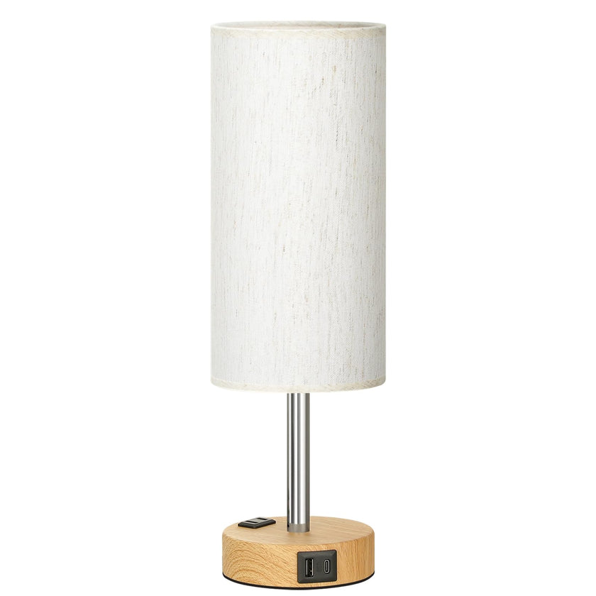 Fenmzee Bedside Table Lamp for Bedroom - 3 Way Dimmable Touch Lamp USB C Charging Ports and AC Outlet, Small Lamp Wood Base Round Flaxen Fabric Shade for Living Room, Desk, LED Bulb Included 🍁 All In One Marketplace Canada