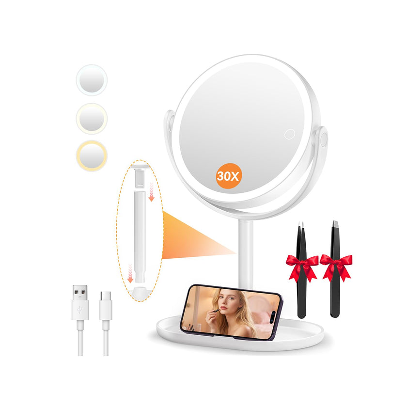 Auxmir 30X/1X Magnifying Mirror with Light, Double-Sided Makeup Mirror with Storage Base&Touch Control, Rechargeable Vanity Mirror with 360°Rotation for Dressing Table Bathroom Bedroom Travel 🍁 All In One Marketplace Canada