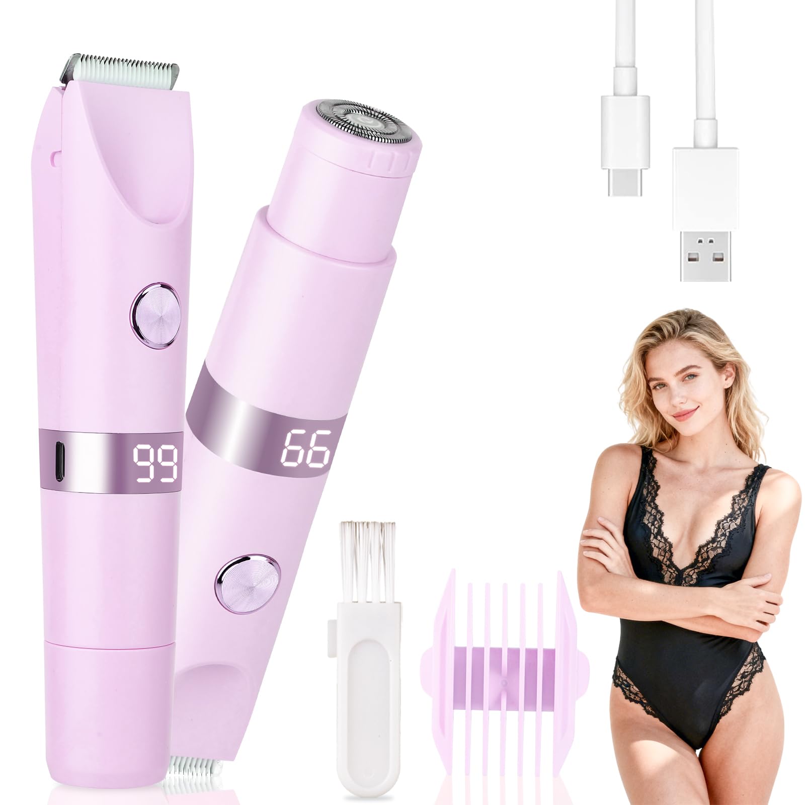 Beanify 2-in-1 Electric Shaver & Bikini Trimmer With LED Display for Women & Men，IPX7 Waterproof Wet/Dry Electric Razor With Dual Head , Rechargeable Painless Body & Facial Hair Remover, Travel-Size (Purple) 🍁 All In One Marketplace Canada