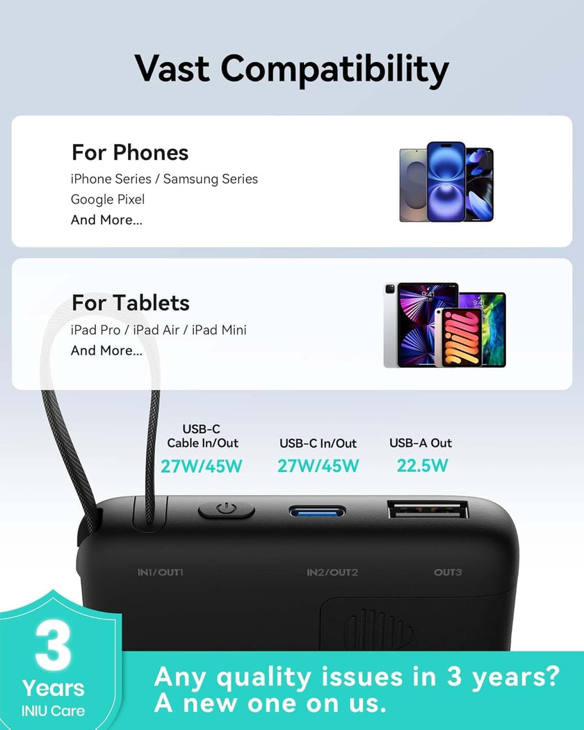 INIU 45W Power Bank, Slimmest 10000mAh Portable Charger with Built in USB C Cable, Fast Charging USB C in&Out Battery Pack, Travel External Phone Charger for iPhone 17 16 15 Samsung S25 S24 iPad etc 🍁 All In One Marketplace Canada