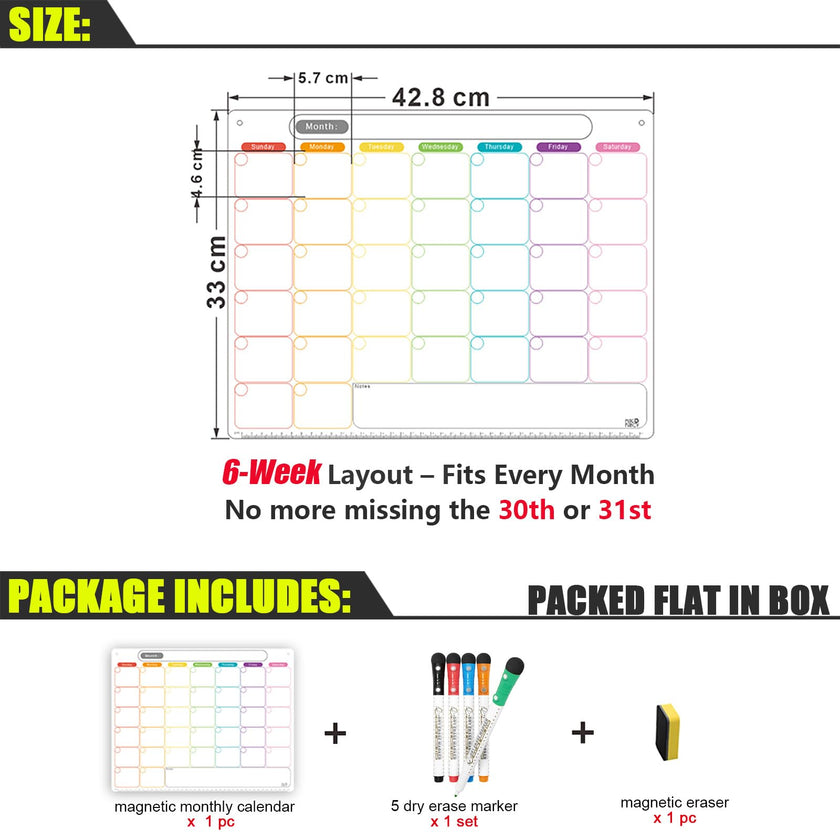 Magnetic Calendar for Fridge, Dry Erase Whiteboard Calendar Monthly Planner, 6-Week Layout, Easy to Clean, Extra-Thick Strong Magnetic Hold, Includes Dual-Magnet Markers & Eraser 43 x 33 cm 🍁 All In One Marketplace Canada