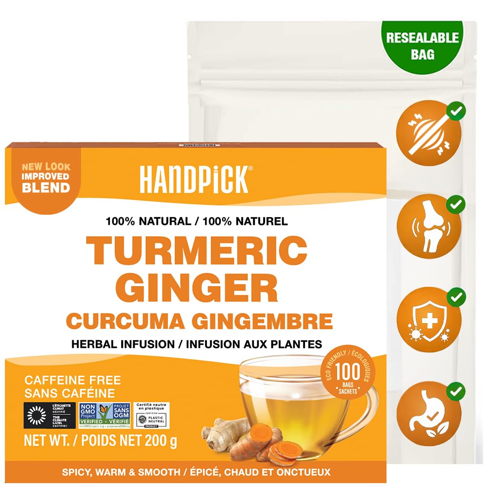 HANDPICK, Turmeric Ginger Tea, 100 Eco-Conscious Tea Bags | Caffeine Free, Gluten Free | 100% Pure Herbal Blend - Savory & Spicy | Curcumin | Packed in Eco-Friendly Tea Bags 🍁 All In One Marketplace Canada