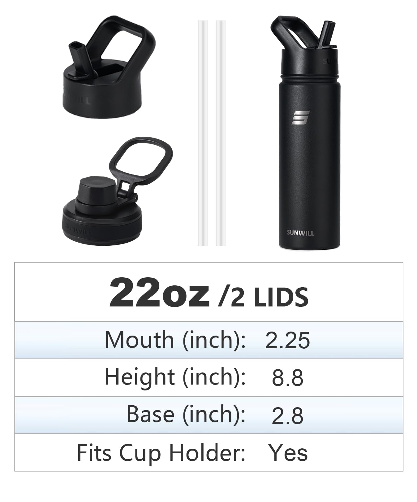 SUNWILL Metal Water Bottle with Straw 22 oz, Stainless Steel Insulated Flask for Cold and Hot Drink, Travel, Sports, Gym, Powder Coated Black 🍁 All In One Marketplace Canada