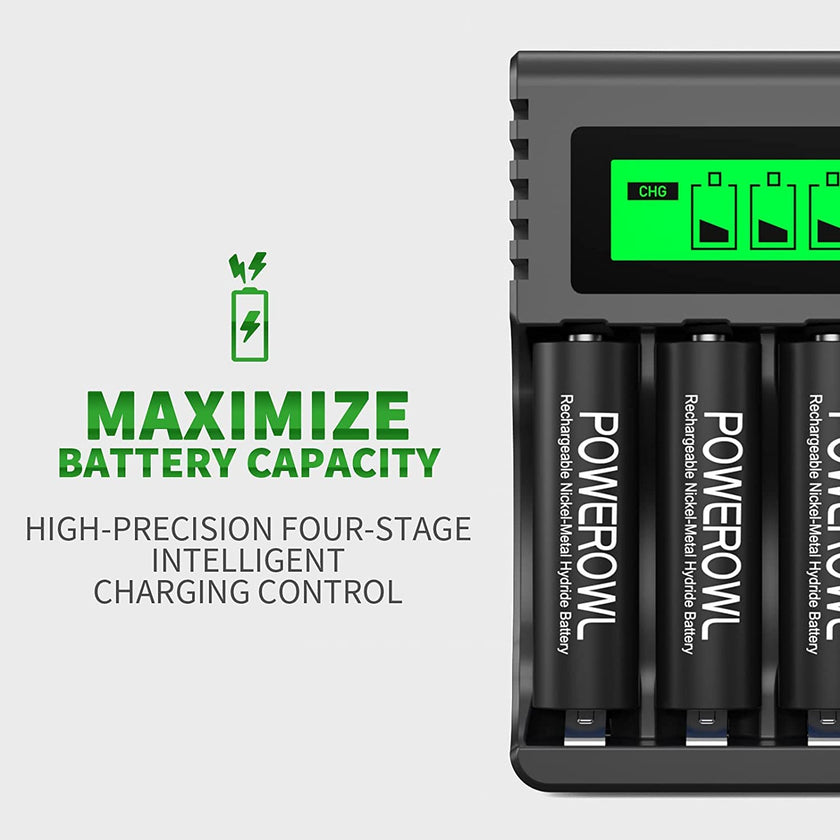 POWEROWL AA AAA Rechargeable Battery Charger, 4 Bay LCD Smart Battery Charger for Ni-MH AA AAA Rechargeable Batteries, Independent Slot & USB Fast Charging 🍁 All In One Marketplace Canada