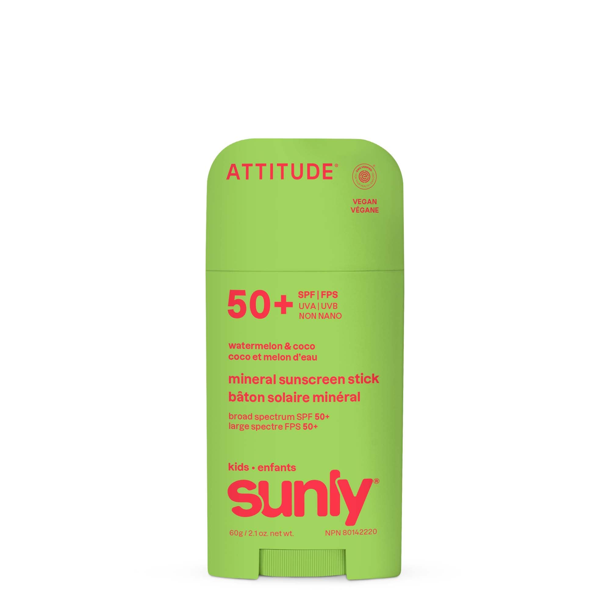 ATTITUDE Kids Mineral Sunscreen Stick SPF 50, Broad Spectrum Zinc Oxide, EWG Verified, Non-Nano, Mess-Free Stick for Face & Body, Lightweight Non-Greasy, Vegan, Watermelon & Coco Scent, 60 grams 🍁 All In One Marketplace Canada