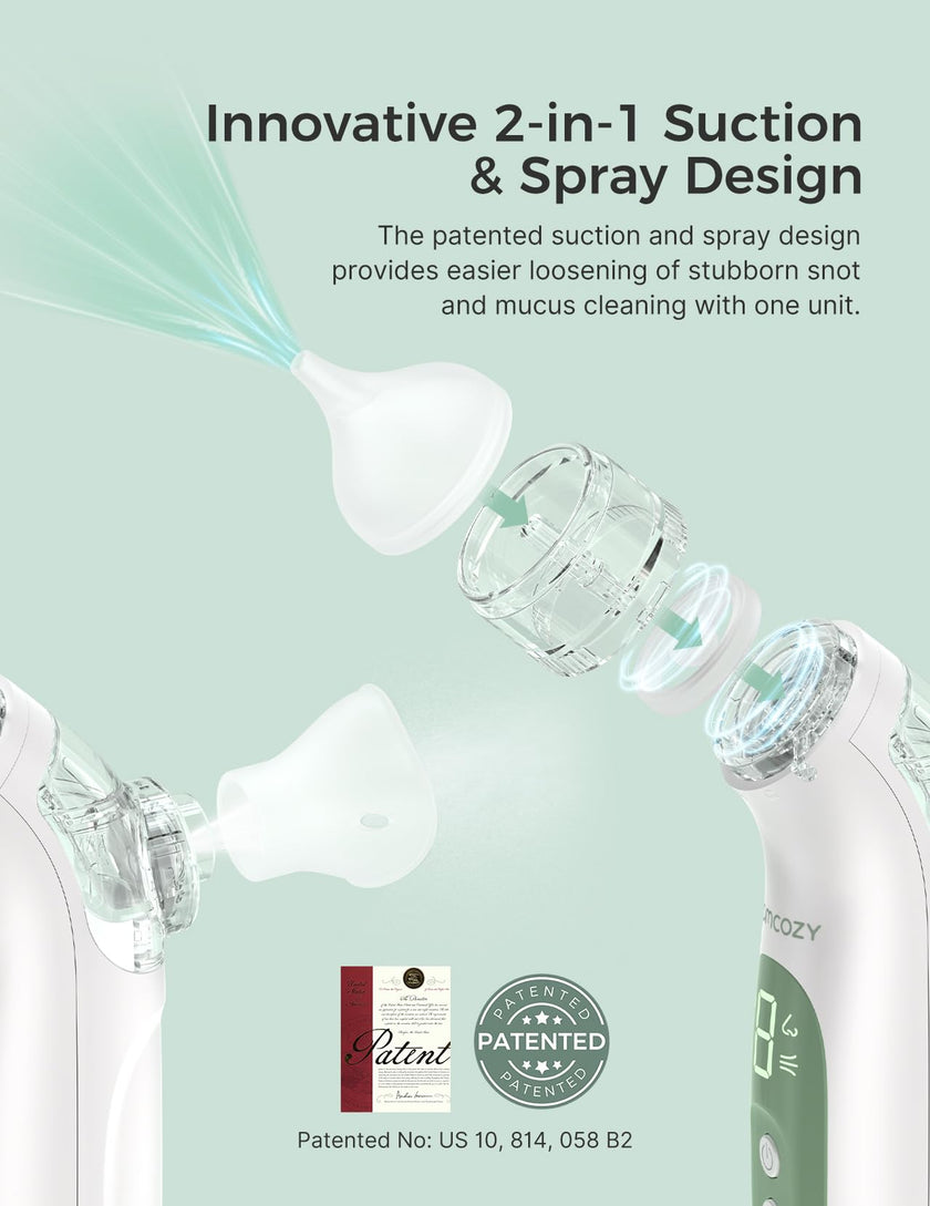 Momcozy BreezyClear™ Spray and Suction 2-in-1 Electric Nasal Aspirator for Baby, 4 Adjustable Suction Levels up to 65kPa Hospital-Grade, Quiet & Portable Nose Cleaner with Soothing Light & Music 🍁 All In One Marketplace Canada