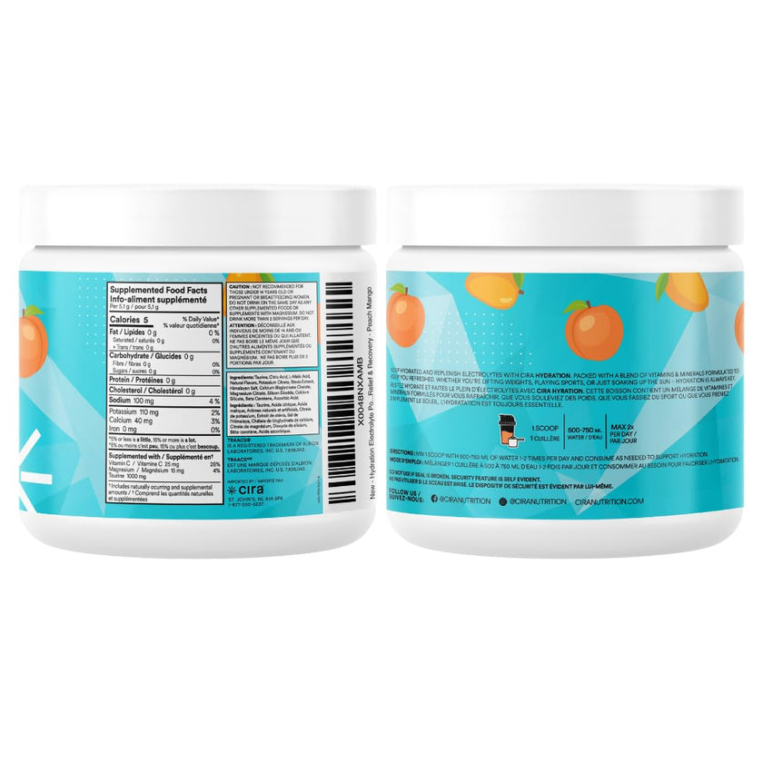 Cira Hydration Electrolytes Powder - Daily Electrolyte Powder, Sugar Free Naturally Flavoured & Sweetened w Stevia, Hydration Powder w Himalayan Salt for Dehydration Relief - Peach Mango, 45 Servings 🍁 All In One Marketplace Canada