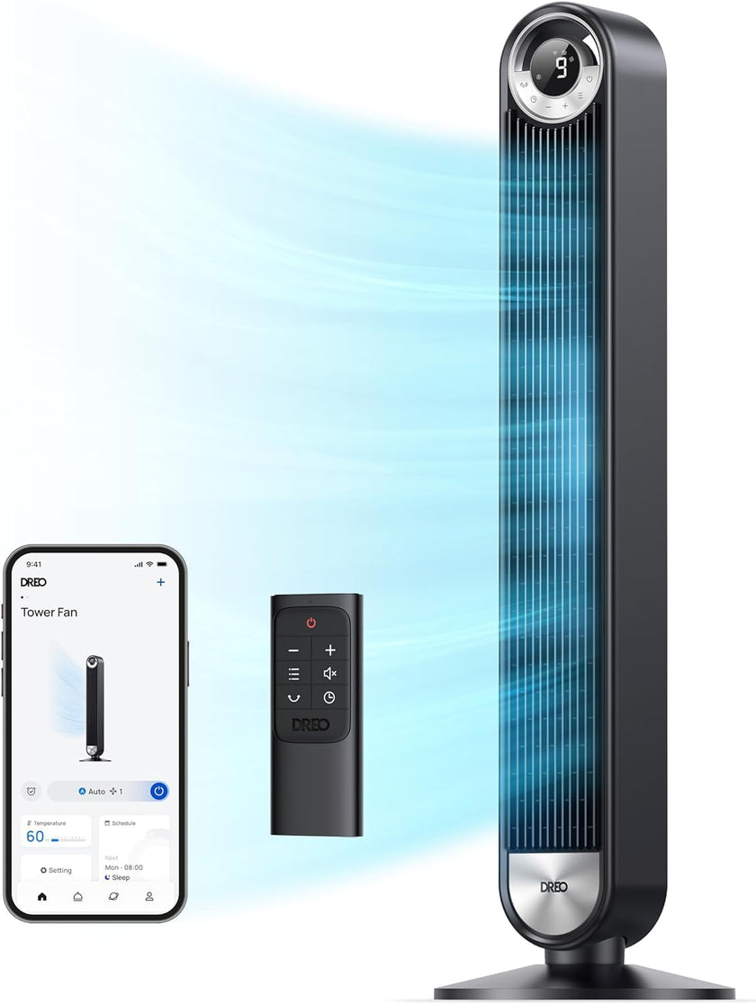 DREO Smart Tower Fan for Bedroom, Upgraded DC 9 Speeds 20dB Ultra-Quiet Floor Fan, 90° Oscillating Fans with 28ft/s Velocity, 12H Timer, Standing Fan, Bladeless Fan Powerful for Home Office Room 🍁 All In One Marketplace Canada