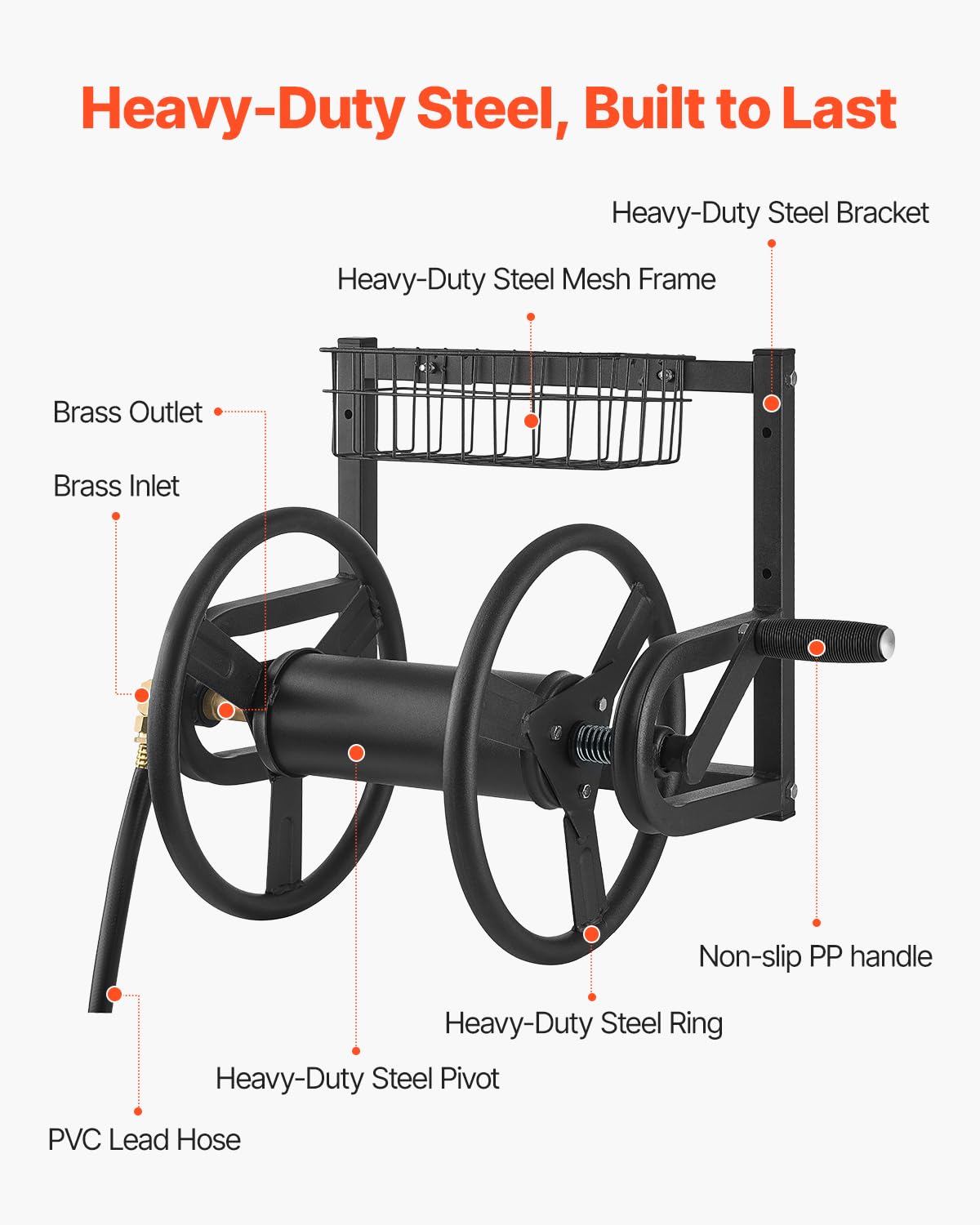 VEVOR Wall Mounted Garden Hose Reel, Holds 125 ft 5/8-inch Hose, Heavy-Duty Water Hose Winder, Space-Saving Design, Outdoor Manual Reel with Brass Fitting and Storage Basket for Yard Lawn 🍁 All In One Marketplace Canada