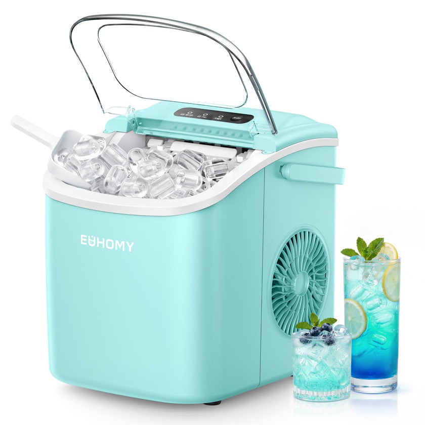 EUHOMY Countertop Ice Maker Machine with Handle, 26lbs Per Day, 9 Ice Cubes Ready in 6 Mins, Auto-Cleaning Portable Ice Maker with Basket and Scoop, for Home/Kitchen/Camping/RV (Green) 🍁 All In One Marketplace Canada