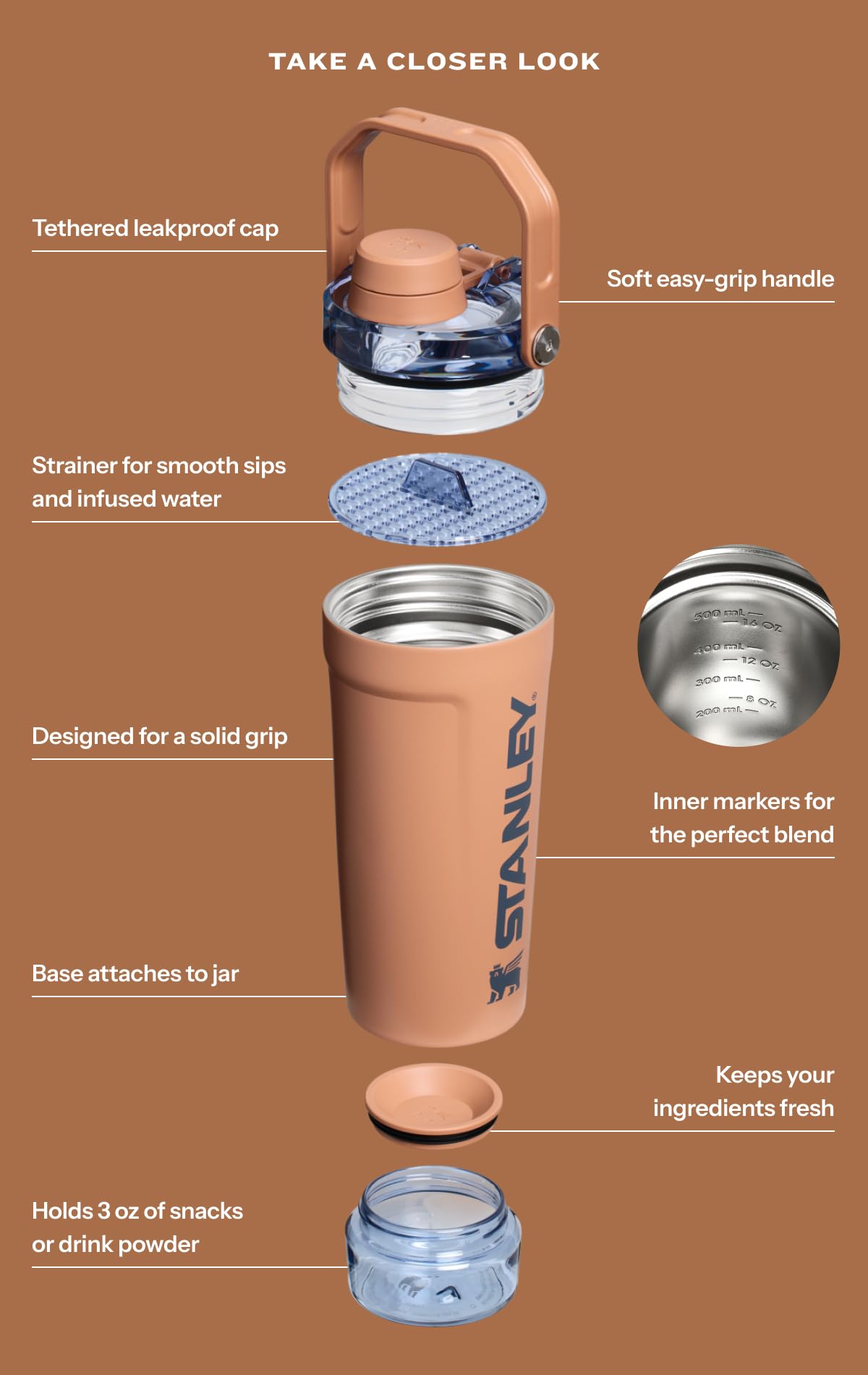 STANLEY Vitalize Shaker Bottle 20 oz | Leakproof Insulated Stainless Steel Shaker Cup | Base Storage and Twist On Fast Flow Lid | Protein Shakes and Pre Workout Powder | BPA-Free | Dried Pine 🍁 All In One Marketplace Canada