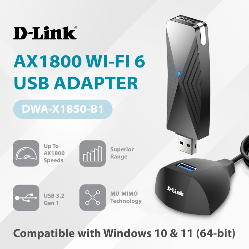 D-Link USB WiFi 6 Adapter AX1800 USB 3.0 Dual Band Long Range MU-MIMO Wireless Internet Network for Desktop PC Laptop Windows (DWA-X1850-B1-CA) 🍁 All In One Marketplace Canada