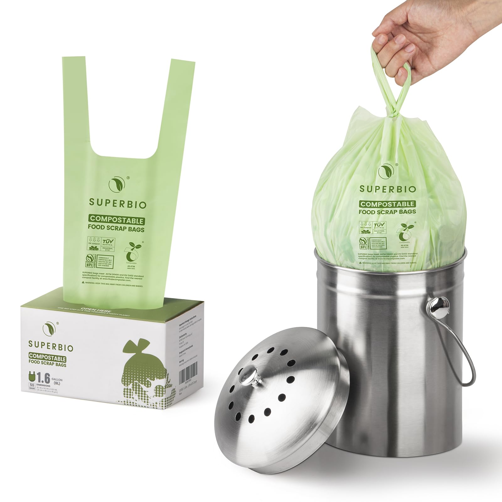 SUPERBIO Compostable Food Scrap Bags, 6L, Small Compost Bags for Counter Top Compost Bin, 50 Count, BPI & OK compost INDUSTRIAL Certified 🍁 All In One Marketplace Canada
