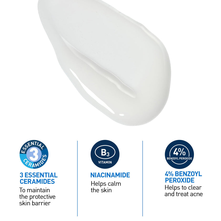 CeraVe 4% Benzoyl Peroxide Acne Treatment Foaming Cleanser Face & Body Wash, with Hyaluronic Acid and Niacinamide. Helps Clear Acne Pimples and prevent breakouts. Gentle Gel, Fragrance-Free, 150ML 🍁 All In One Marketplace Canada