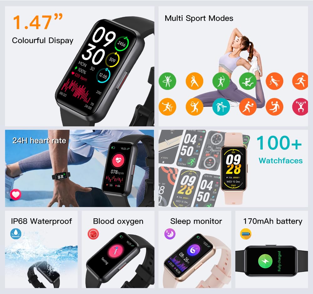 USMECBL Fitness Tracker, Blood Oxygen Heart Rate Sleep 24/7 Health Monitor/Calorie Steps Counter Pedometer Activity Smart watchs/Notifications for Android/iOS Men Women 🍁 All In One Marketplace Canada