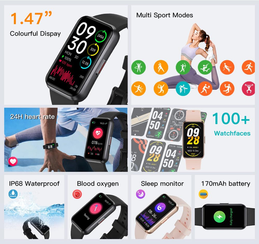 USMECBL Fitness Tracker, Blood Oxygen Heart Rate Sleep 24/7 Health Monitor/Calorie Steps Counter Pedometer Activity Smart watchs/Notifications for Android/iOS Men Women 🍁 All In One Marketplace Canada