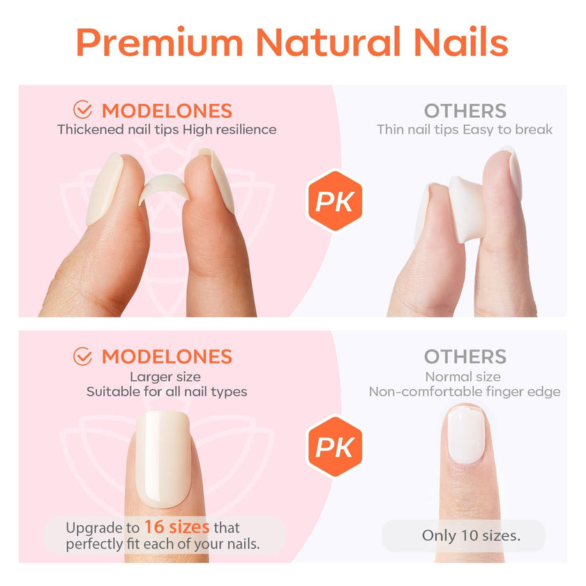 Modelones French Tip Press On Nails, Short Oval Fake Nails Press Ons with Nail Glue, Adhesive Tabs, Nail File, Prep Pad, Manicure Stick, 32Pcs 16 Sizes, Nude, Valentines 🍁 All In One Marketplace Canada