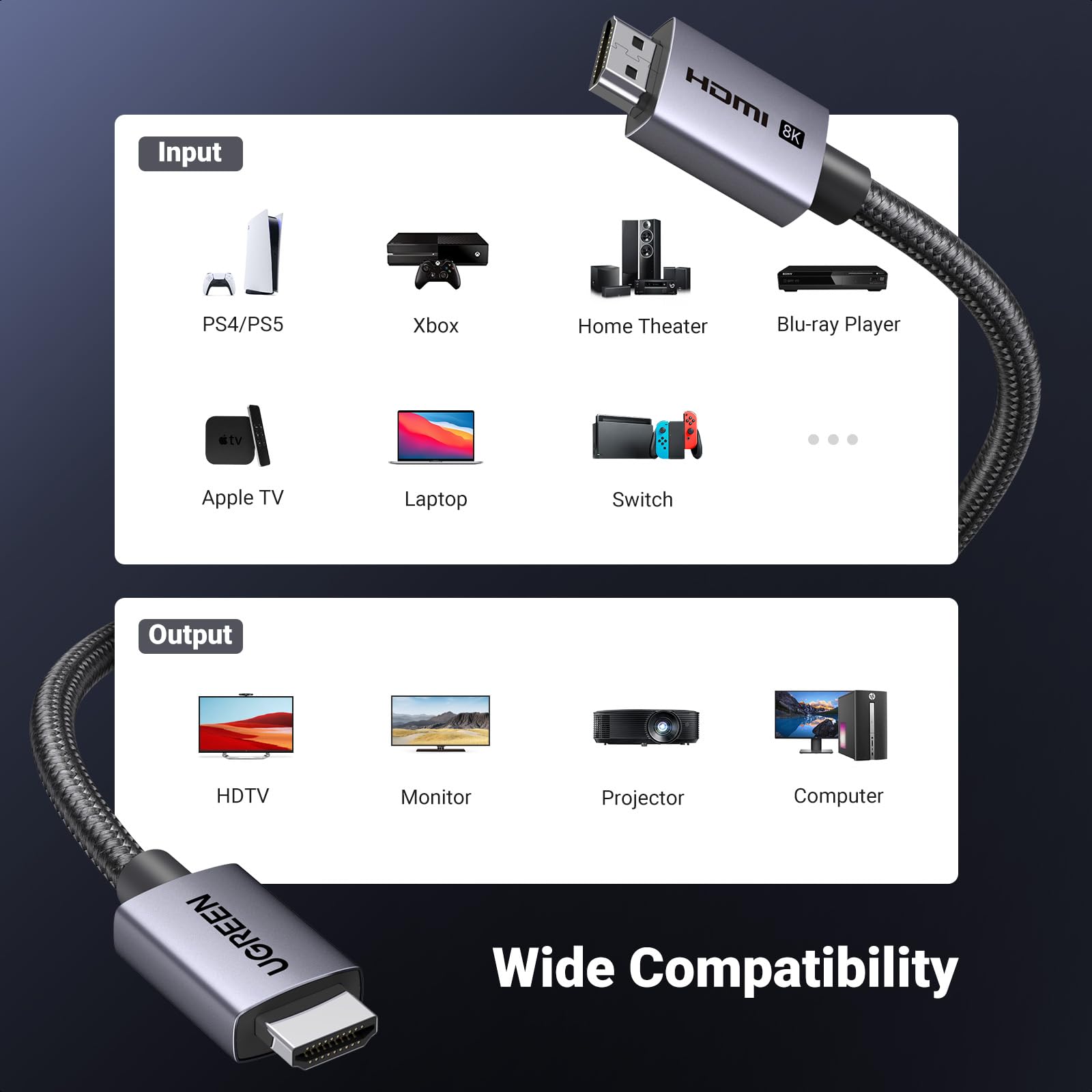 UGREEN 10K 8K HDMI 2.1 Cable 48Gbps 10FT, Certified 8K@60Hz 4K@120Hz 144Hz High Speed Gaming Cable Braided Cord, eARC HDCP 2.3 Dynamic HDR Compatible for HDTV/PS5/Xbox/SoundBar/RTX3090/Blu-ray 🍁 All In One Marketplace Canada